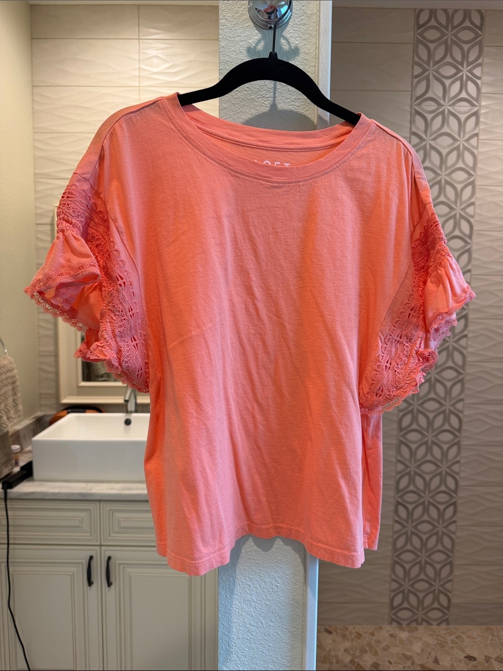 LOFT Coral Lace Flutter Sleeve Top